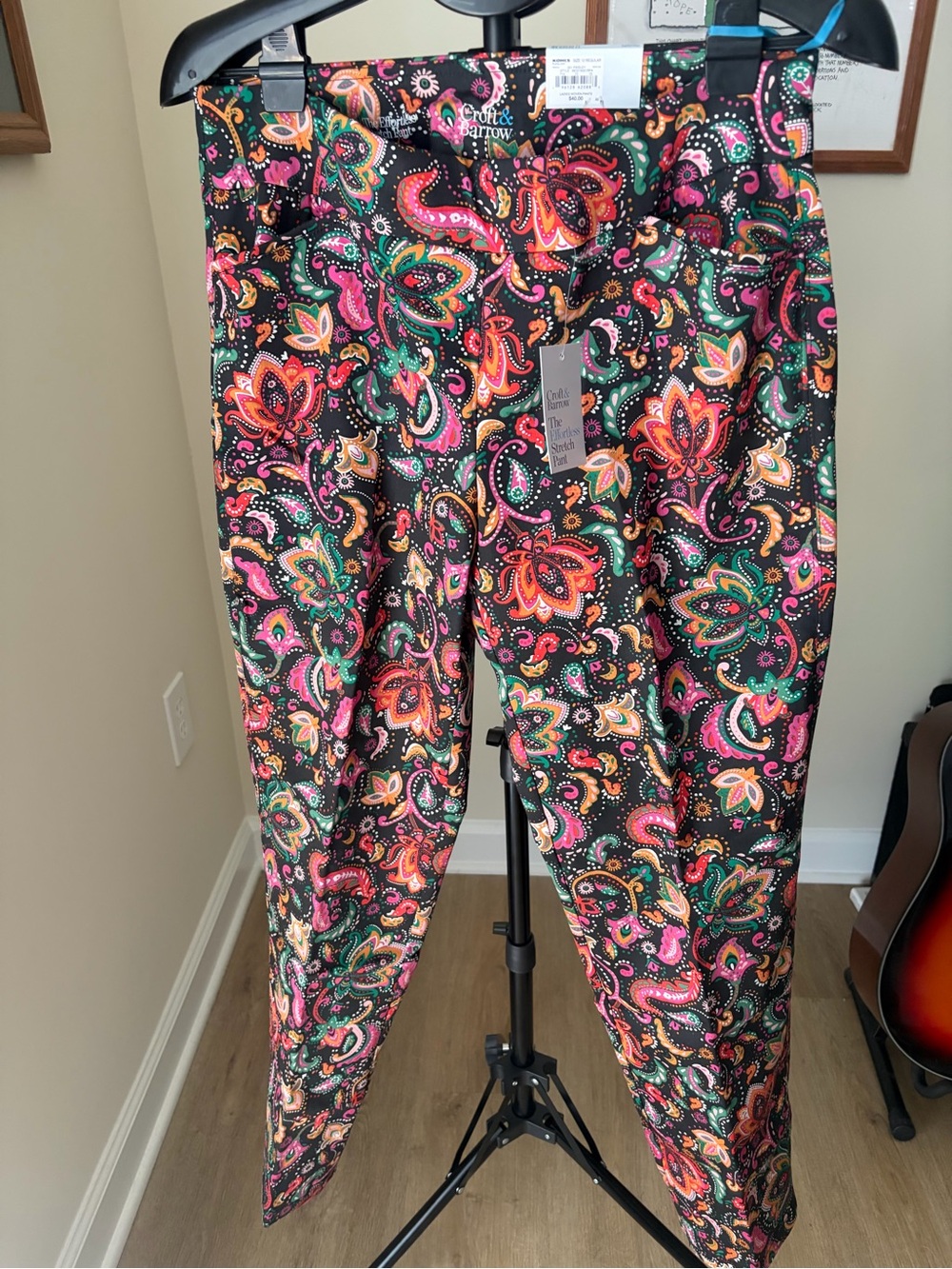 croft & barrow Black Paisley Skinny Pants with Pink, Orange & Green Accents